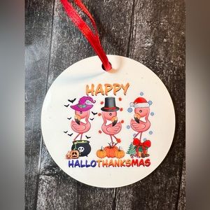 Flamingo HalloThanksMas Round Holiday Ornament New